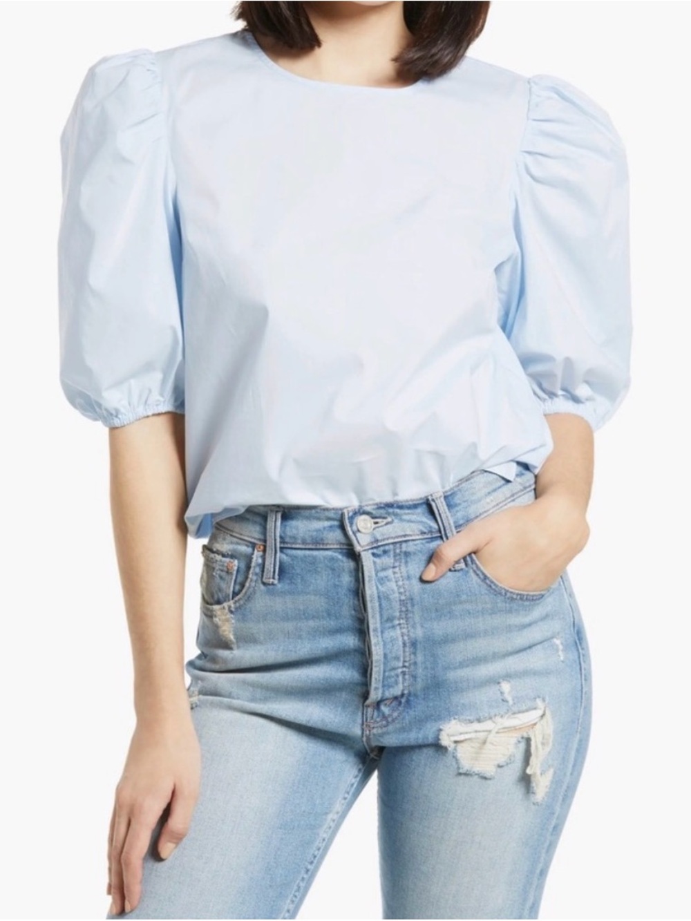 H&M Light Blue Puff Sleeve Round Neck T-Shirt Blouse